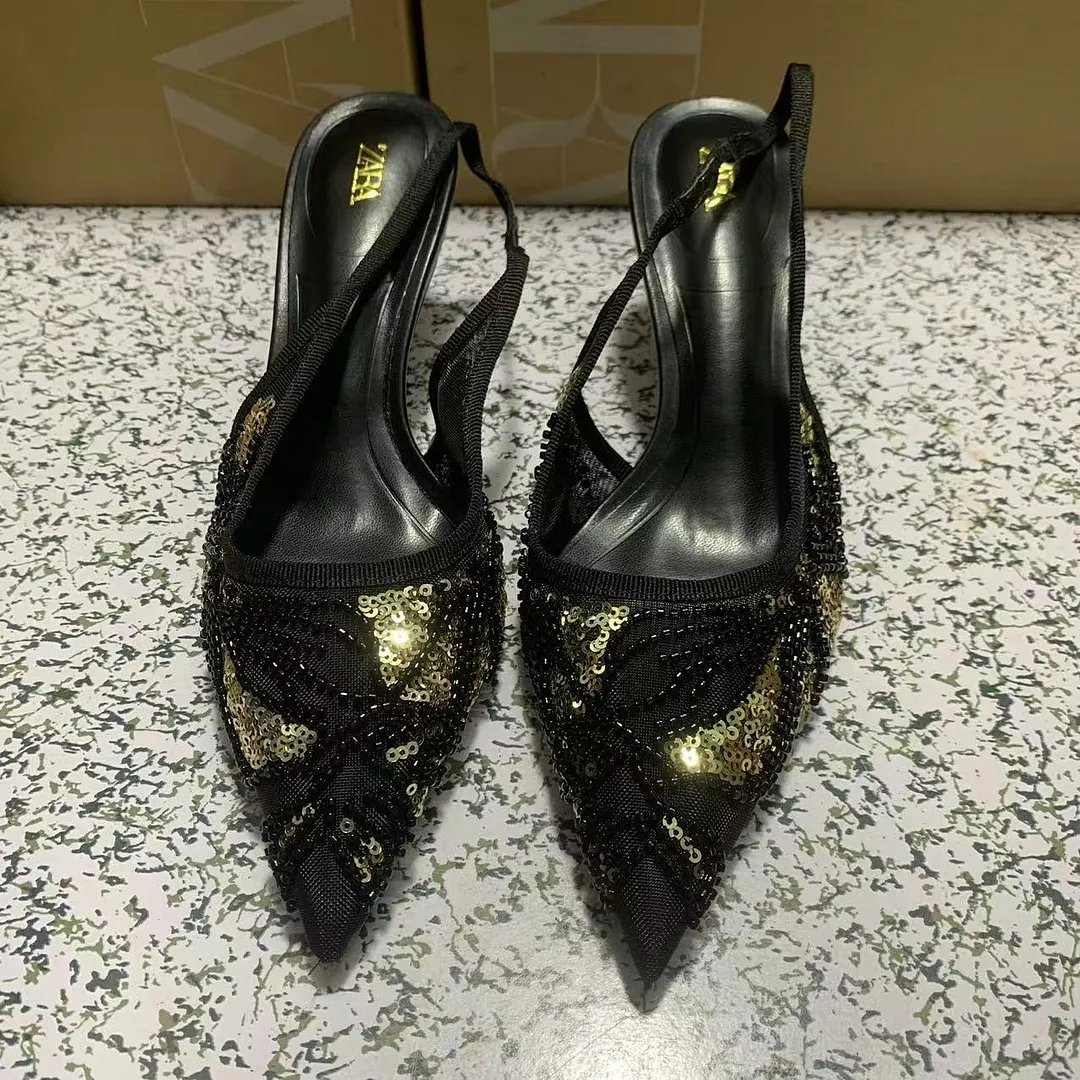 Breakj Breakj Home 2025 New Women's Shoes Low Heel Temperament High Heel High-Heeled Shoes Black Gold Glide After The Stumbling Single Shoes