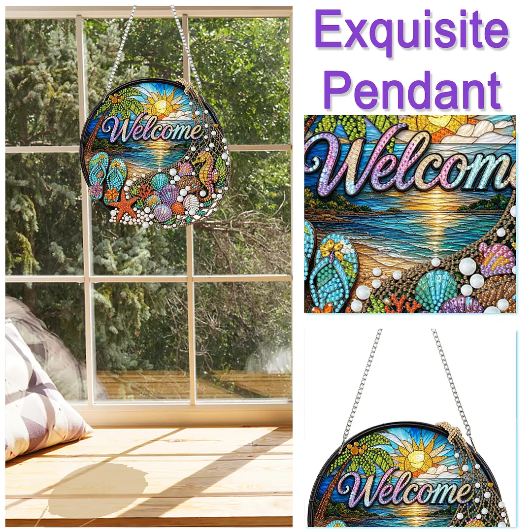 Beach Seahorse Welcome Sign 2D Flat DIY PET Diamond Painting Pendant Special Shape Hanging Gem Art Paintings Charm Single Side Drill for Adults Home Wall Window Decor