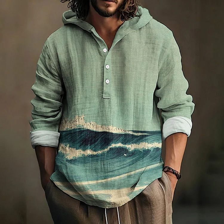 Japanese Sea Wave Vintage Art  Linen Hooded Shirt