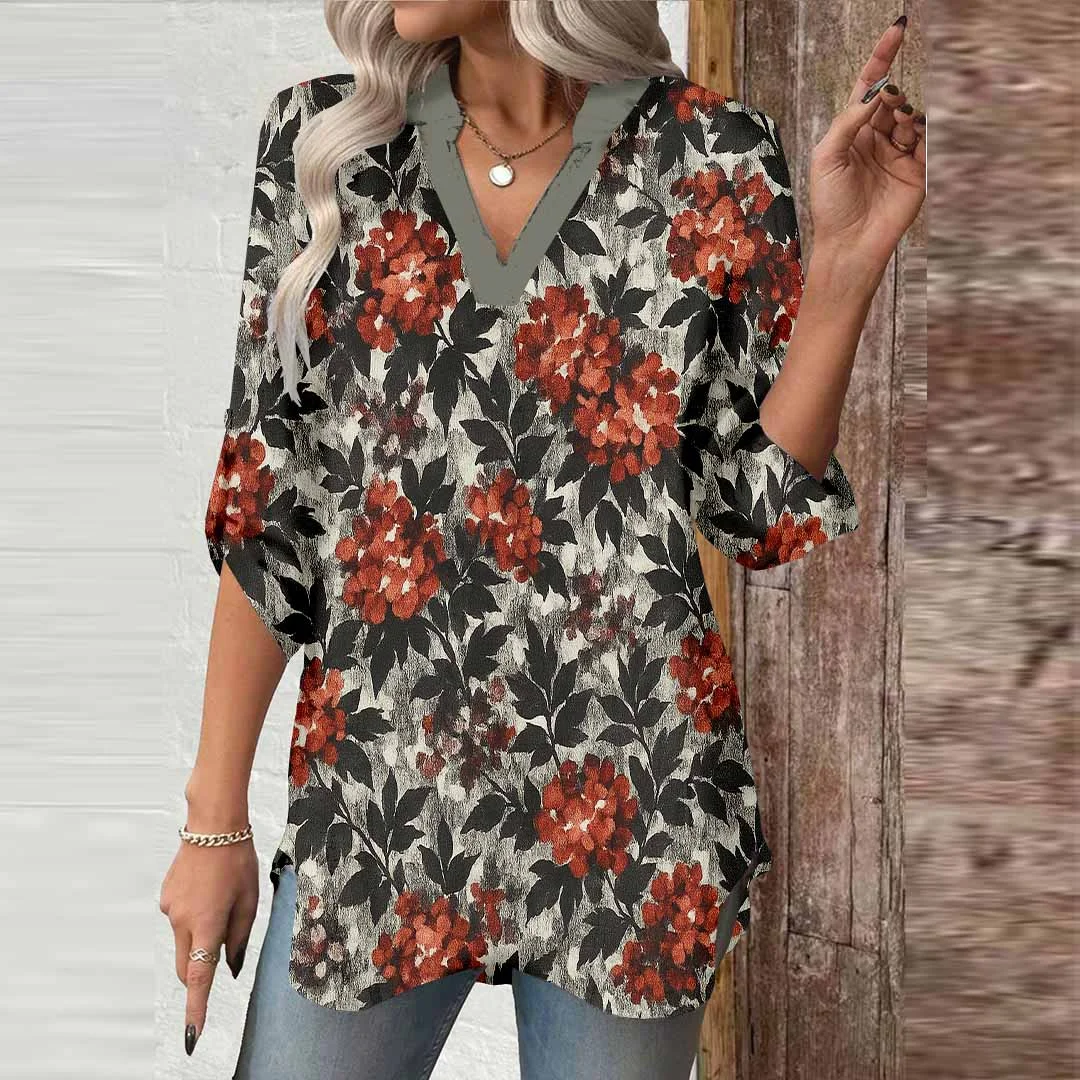 Women Floral,  Orange,  Black DZGA0416 3/4 Sleeve V-neck Printed Graphic Button Tops