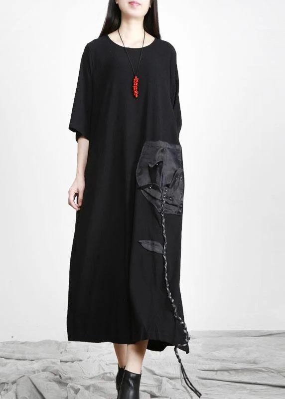 Modern Black O-Neck Side open Fall Dress