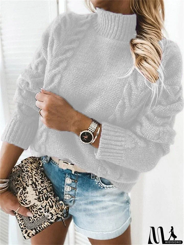 MidiSono - Casual Twisted Solid Color High-Neck Long-Sleeved Knitted Sweater