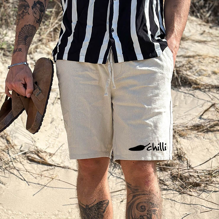 Men's Surf Shorts Retro Surfboard Print Cotton Linen Drawstring Beach Daily Casual Shorts / [blueesa] /