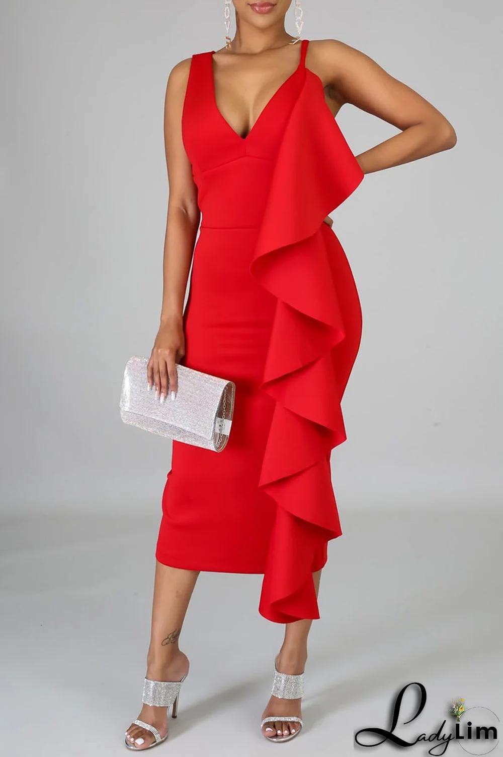 Red Sexy Solid Split Joint Flounce Slit V Neck Irregular Dress Dresses