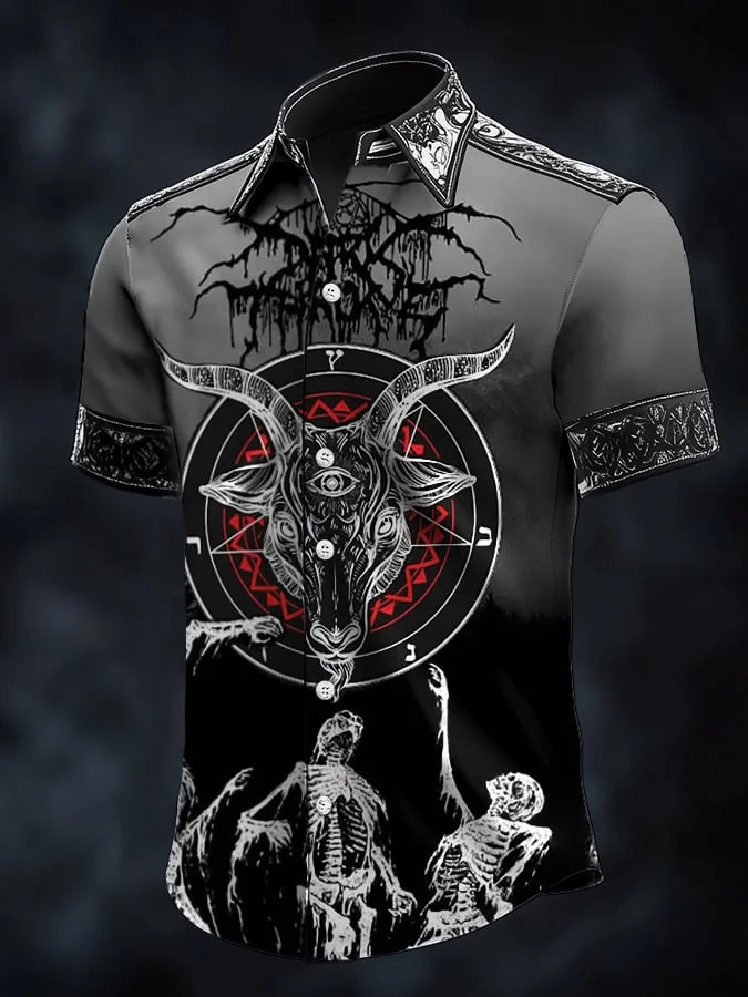 Men's Casual Dark Skull Demon Art Satin Shirt 