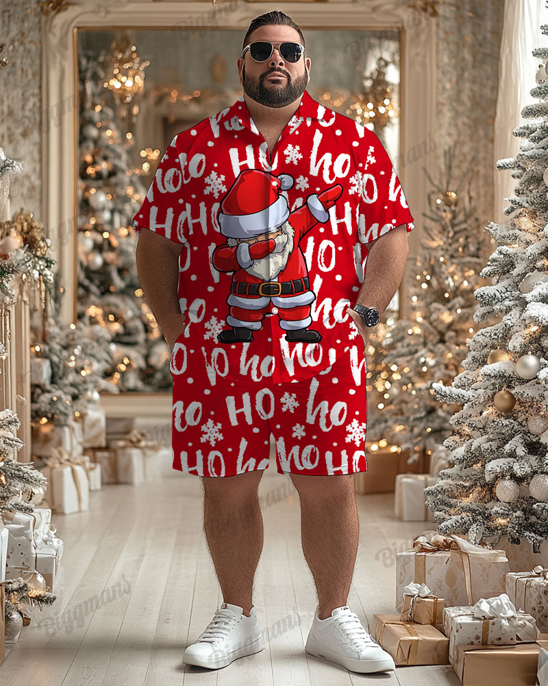 Men's Plus Size Christmas Red Cartoon Letter Print Short Sleeve Shirt Shorts Suit