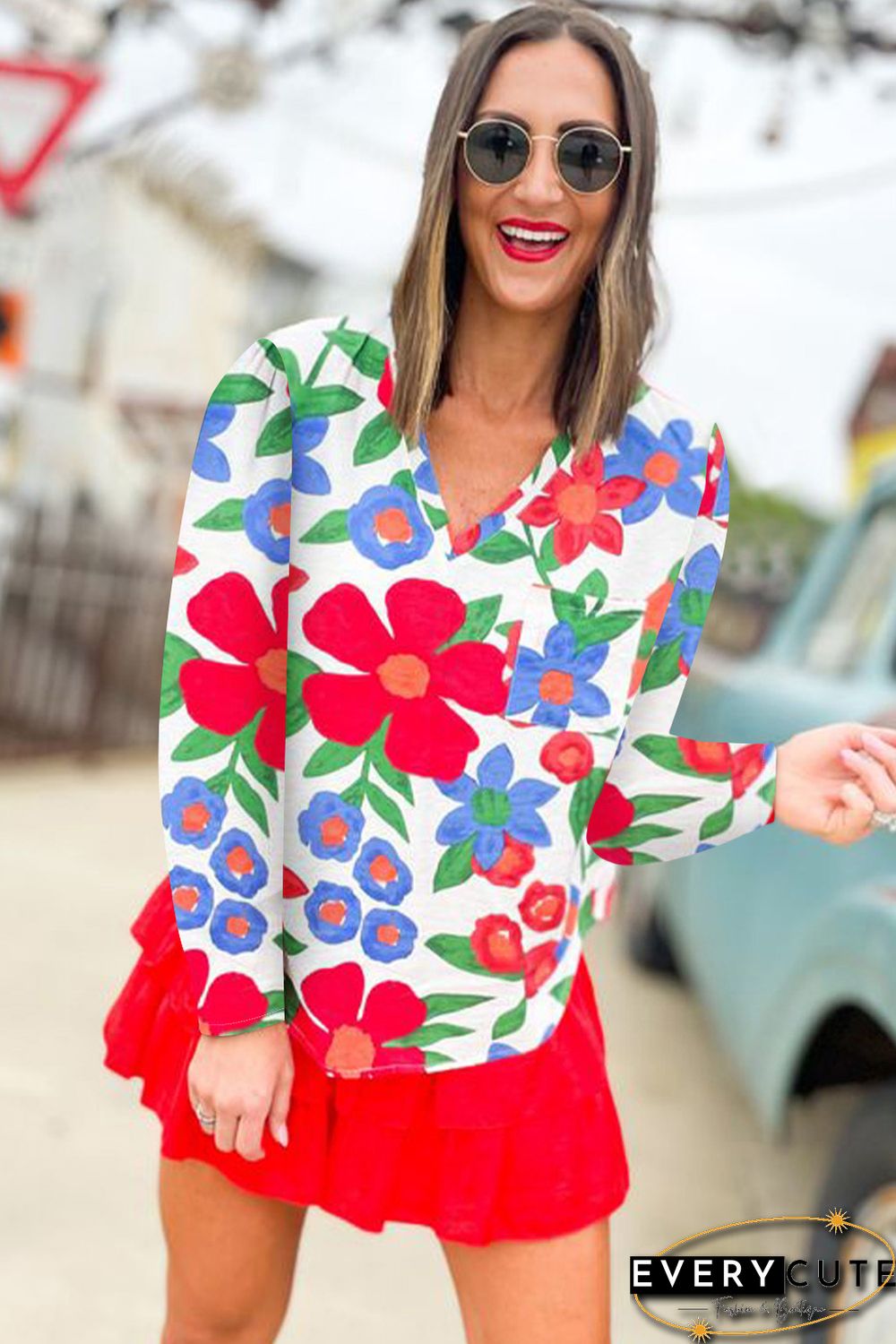 White Floral Print V Neck Long Sleeve Blouse