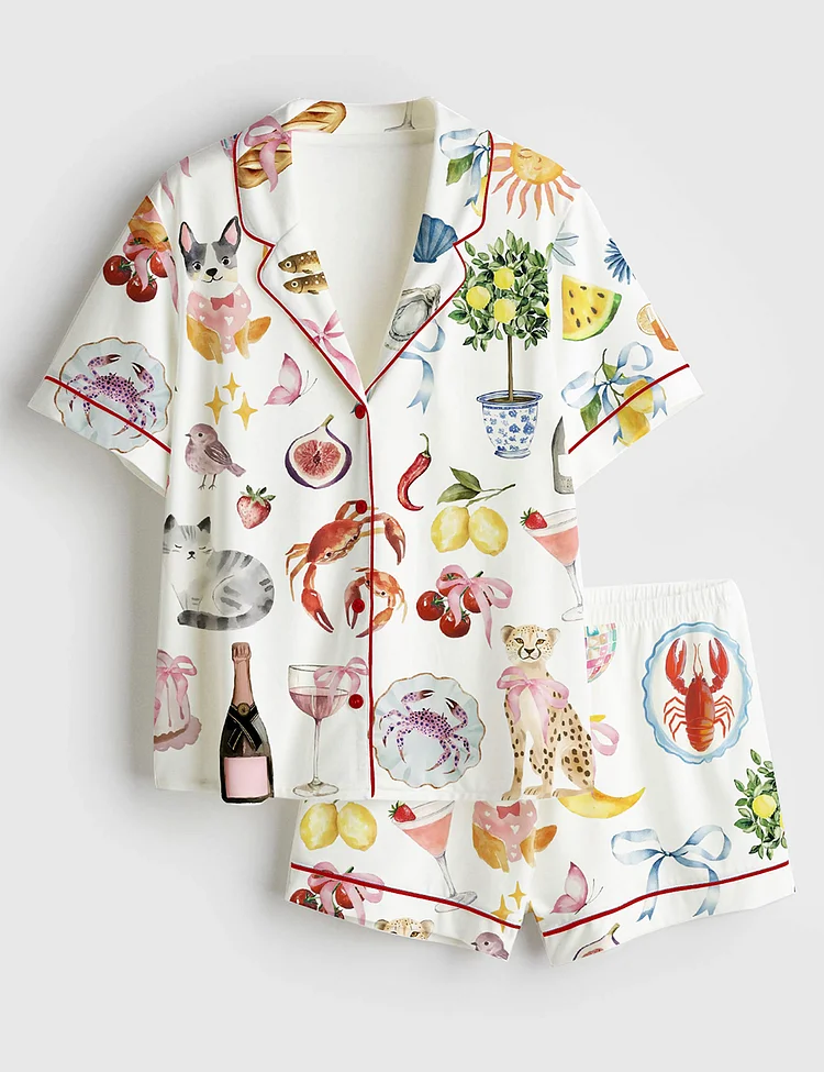 Women&rsquo;s Whimsical Wedding Dolce Vita Wedding Coquette Mediterranean Print Short Sleeve Satin Pajama Set