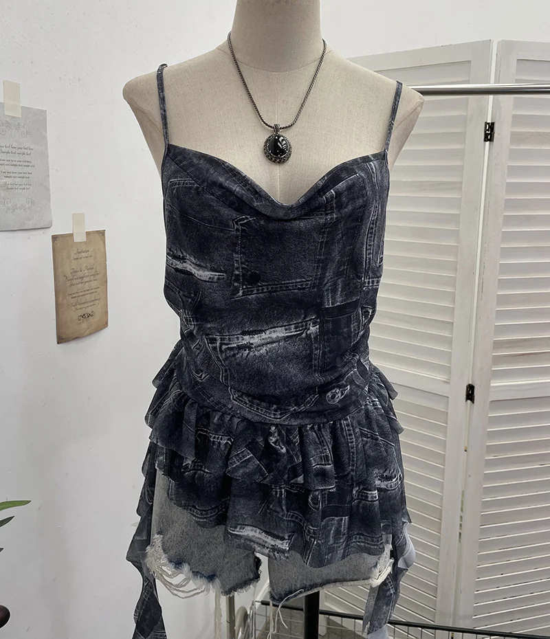 Uveng Real Shoot Spice Girl Swing Network Yarn Print Sling Vest Retivating Lotus Leaf Side Ribbon Short Top 1210