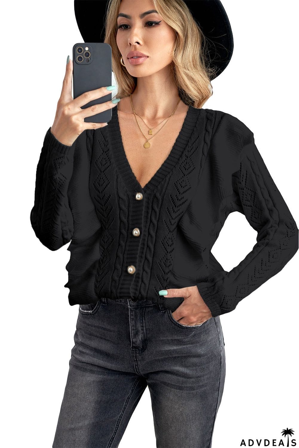 Ruffled Buttoned Open Front Knitted Sweater