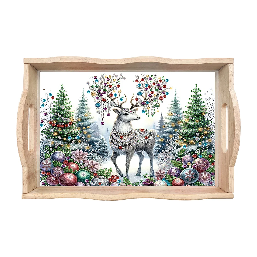 DIY Christmas Green Elk Diamond Painting Wooden Serving Tray Home Decoration