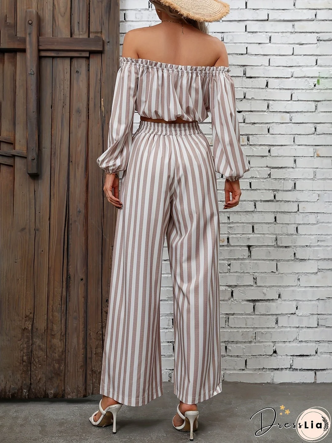 Striped Print Casual Two-piece Set, Off Shoulder Long Sleeve Tops & Wide Leg Drawstring Pants Outfits, Women's Clothing