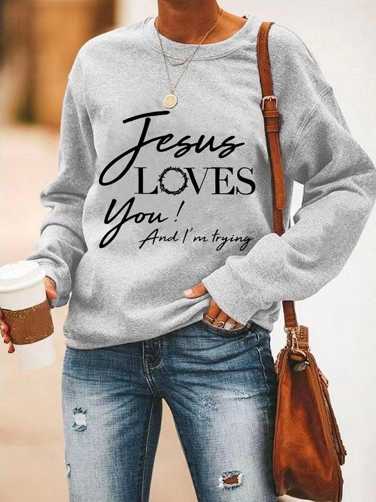 Women's Jesus Loves You Print Long Sleeve Round Neck Sweatshirt