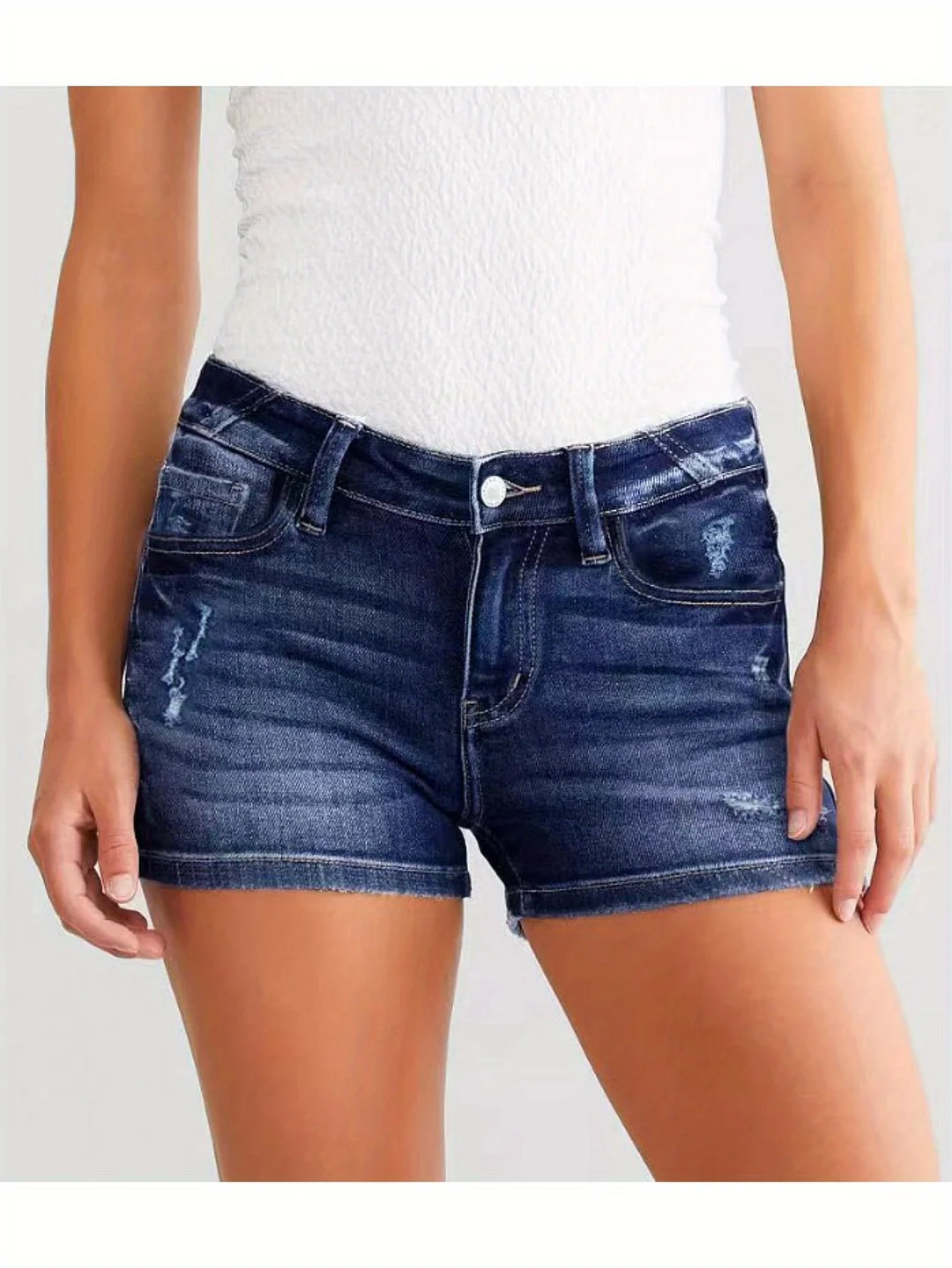 Women's 2025 Summer Wash Distressed High Waist Denim Shorts - Slimming Street Style With Frayed Hem & Machine Washable Design For Casual Outings, Summer Denim Wear | Highwaist Shorts | Button Closure Shorts, Jean Short | IFYHOME