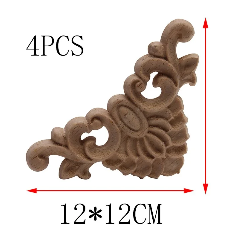 4PCS Unpainted Wooden Mouldings Decal European Wood Appliques for Furniture Cabinet New Flower Wood Carving Decorative Figurine