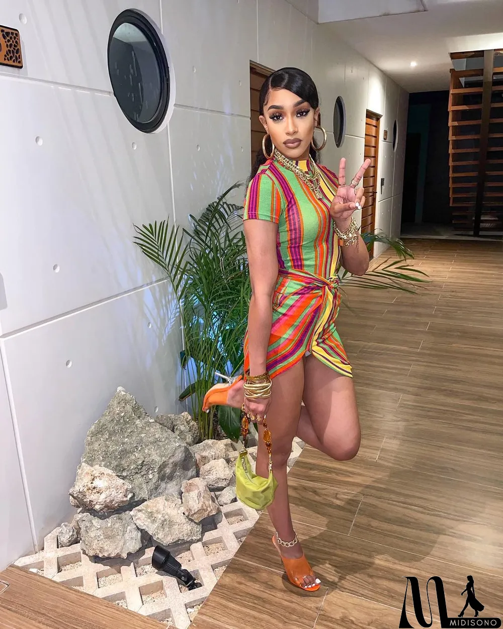 MidiSono - Casual Simple Color Striped Print Sexy Dress
