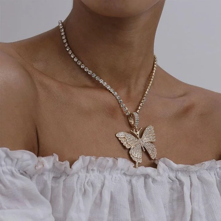 Cuban Link Chain Choker Necklace Butterfly Pendant-VESSFUL