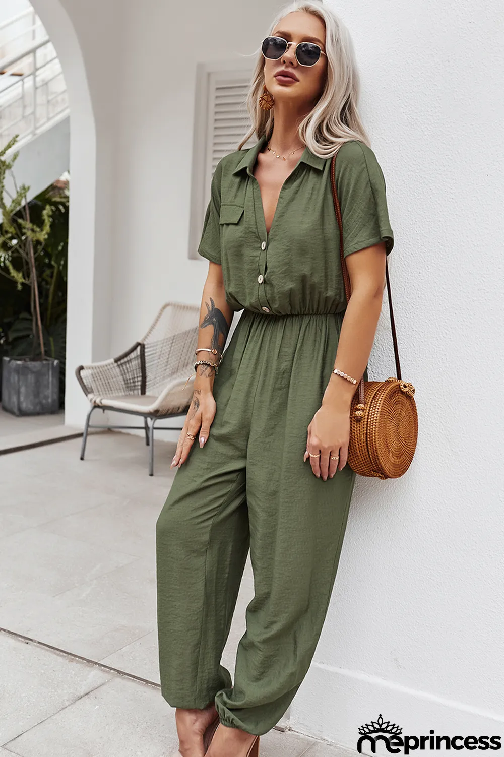 Summer Casual Solid Button Up Loose Jumpsuit