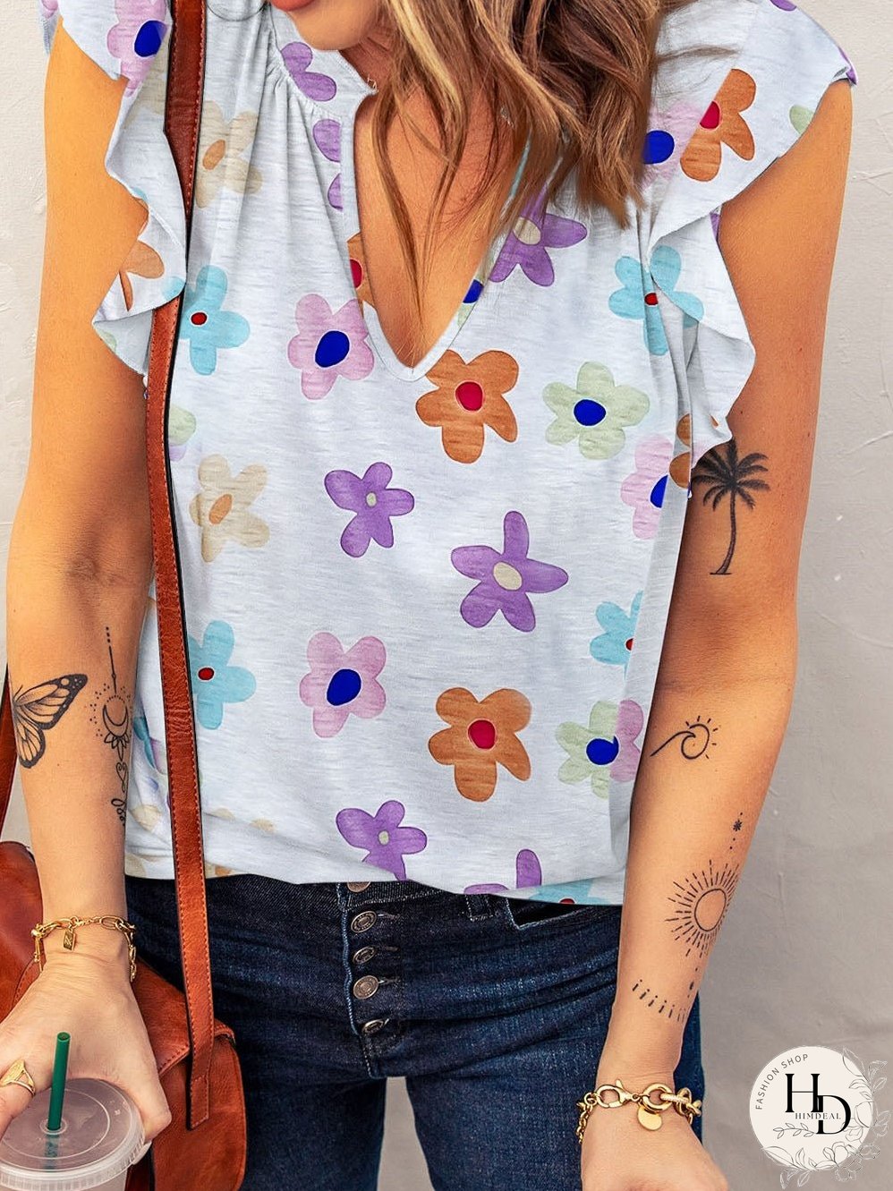 Fluttering White Floral V-Neck Tank Top