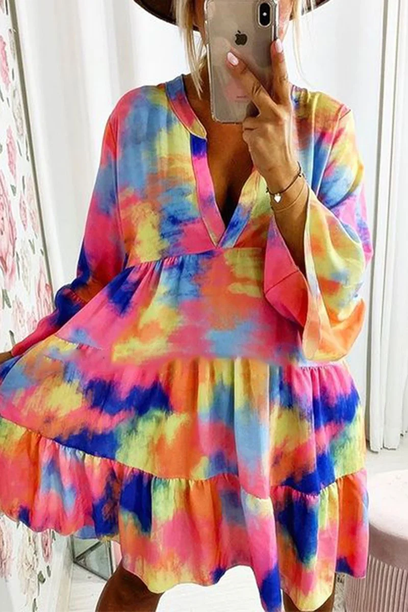 V-Neck Tie Dye Print Tiered Dress
