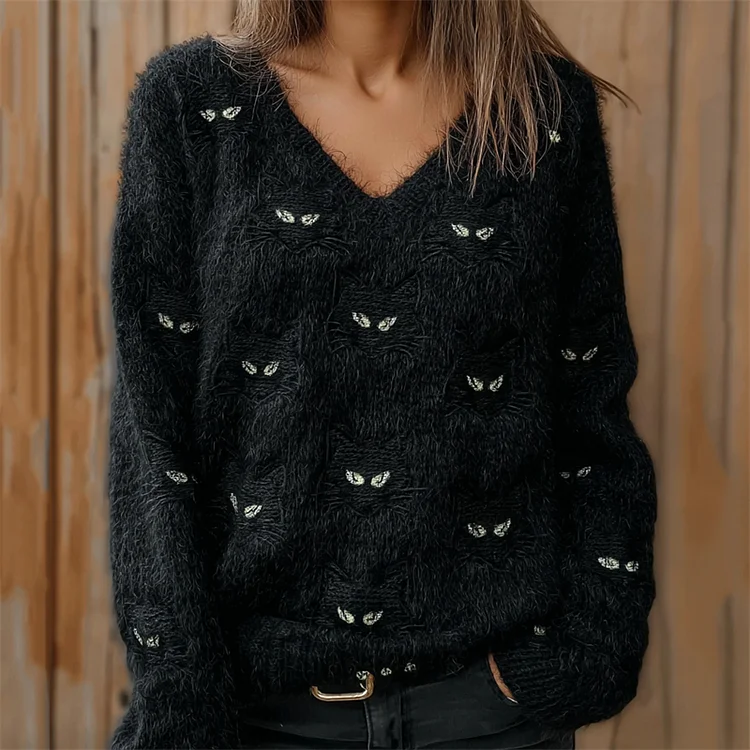 Black Cat Faces Embroidered Fuzzy Cozy Knit Sweater
