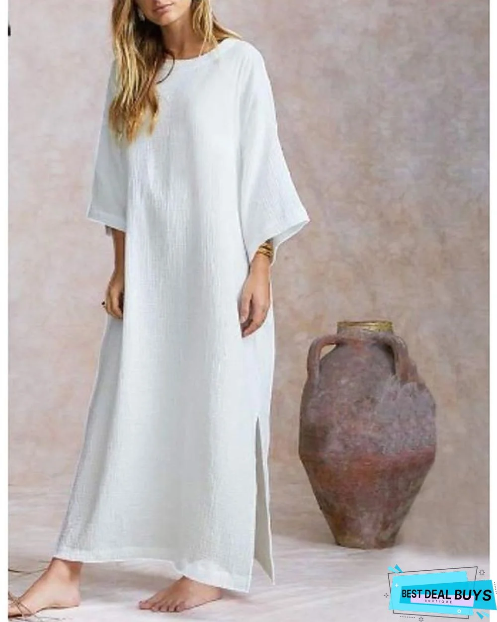 Women's Loose Maxi Long Dress 3/4 Length Sleeve Solid Color Split Spring Summer Hot Cotton White Black Khaki White Dresses