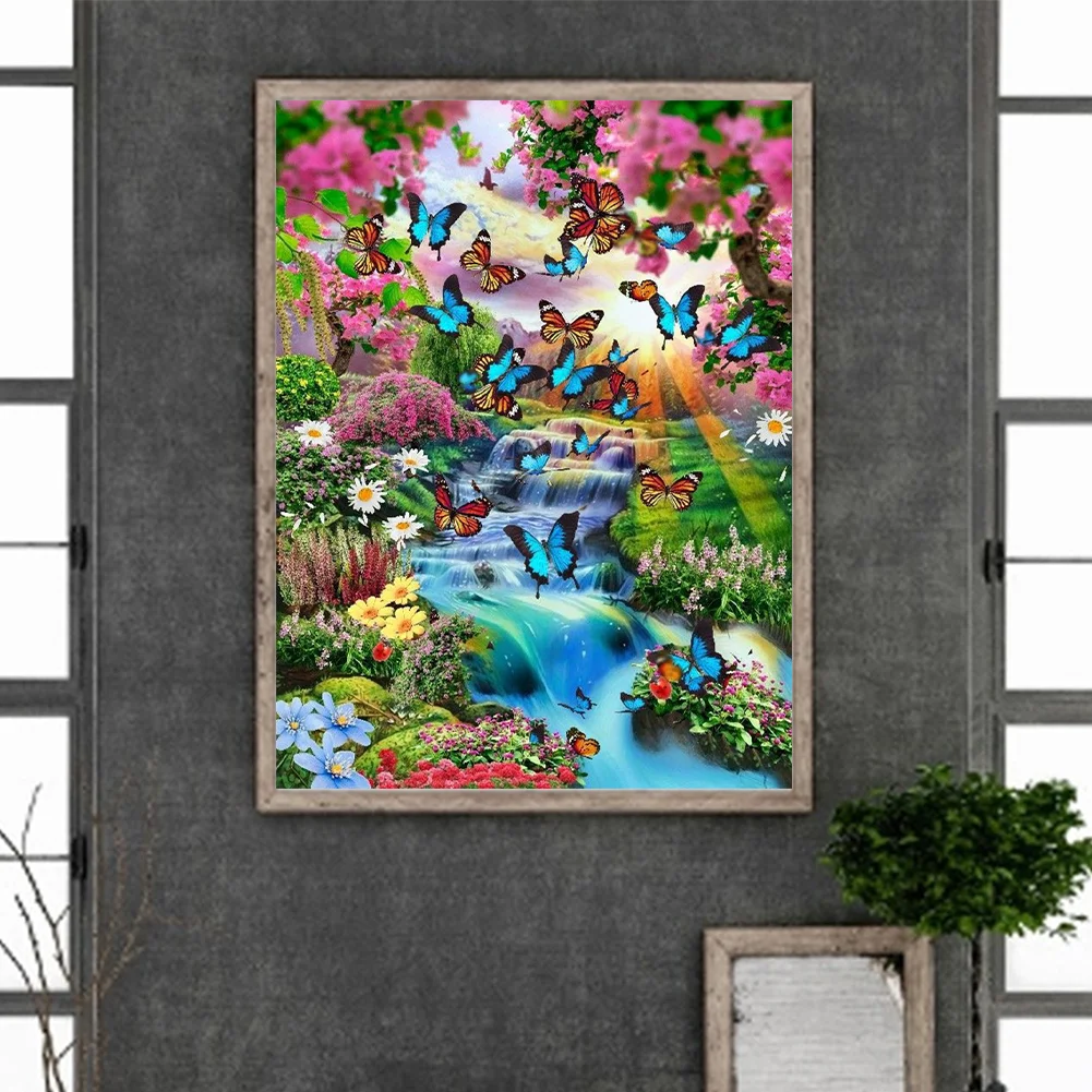 Diamond Painting - Full Round Drill - Flower Butterfly Waterfall(30*40cm)