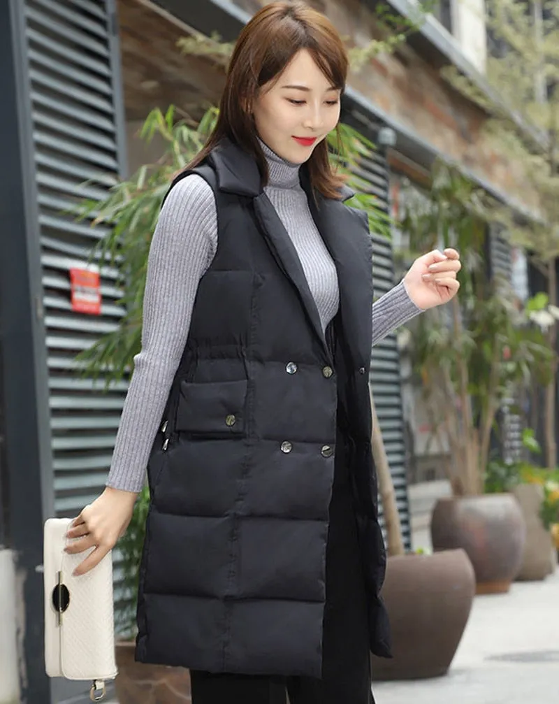 2021 Cotton Padded Down Vest Women Mid-Length Autumn Winter Warm Sleeveless Waistcoat Sashes Outerwear Student Vest Jacket