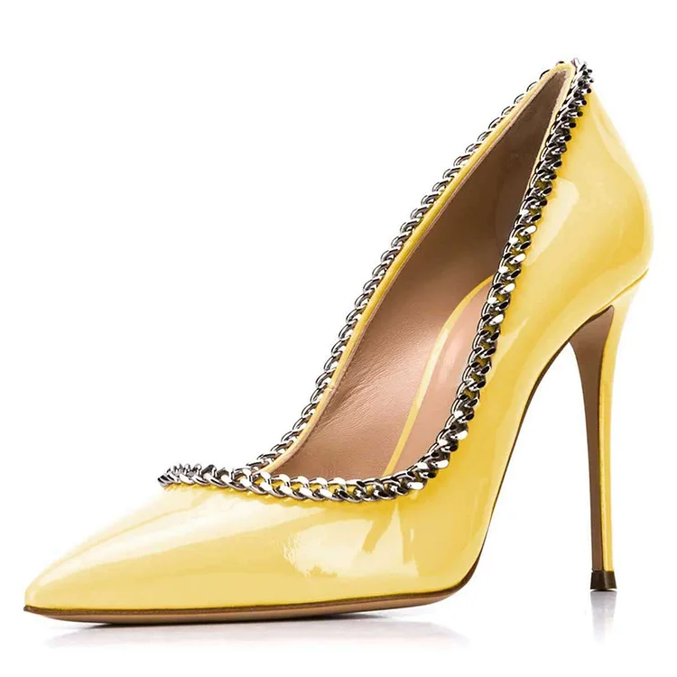 Yellow Chain Stiletto Heels Pointed Toe Pumps |FSJ Shoes