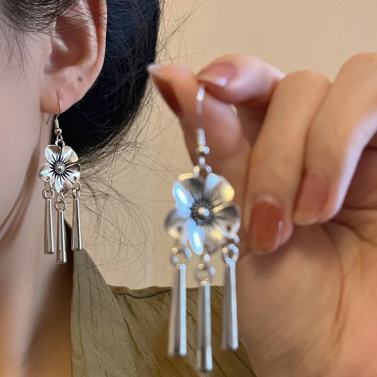 Silver Flower Long Earrings