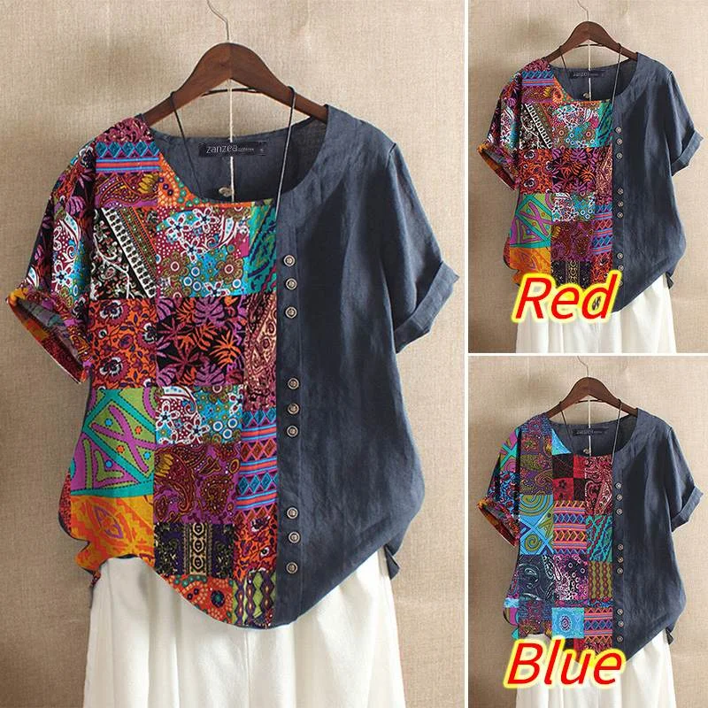 ZANZEA Summer Tops Women Vintage Floral Printed Short Sleeve Blouse Pacthwork Shirt Femininas Cotton Linen Blusas Chemise Femme7