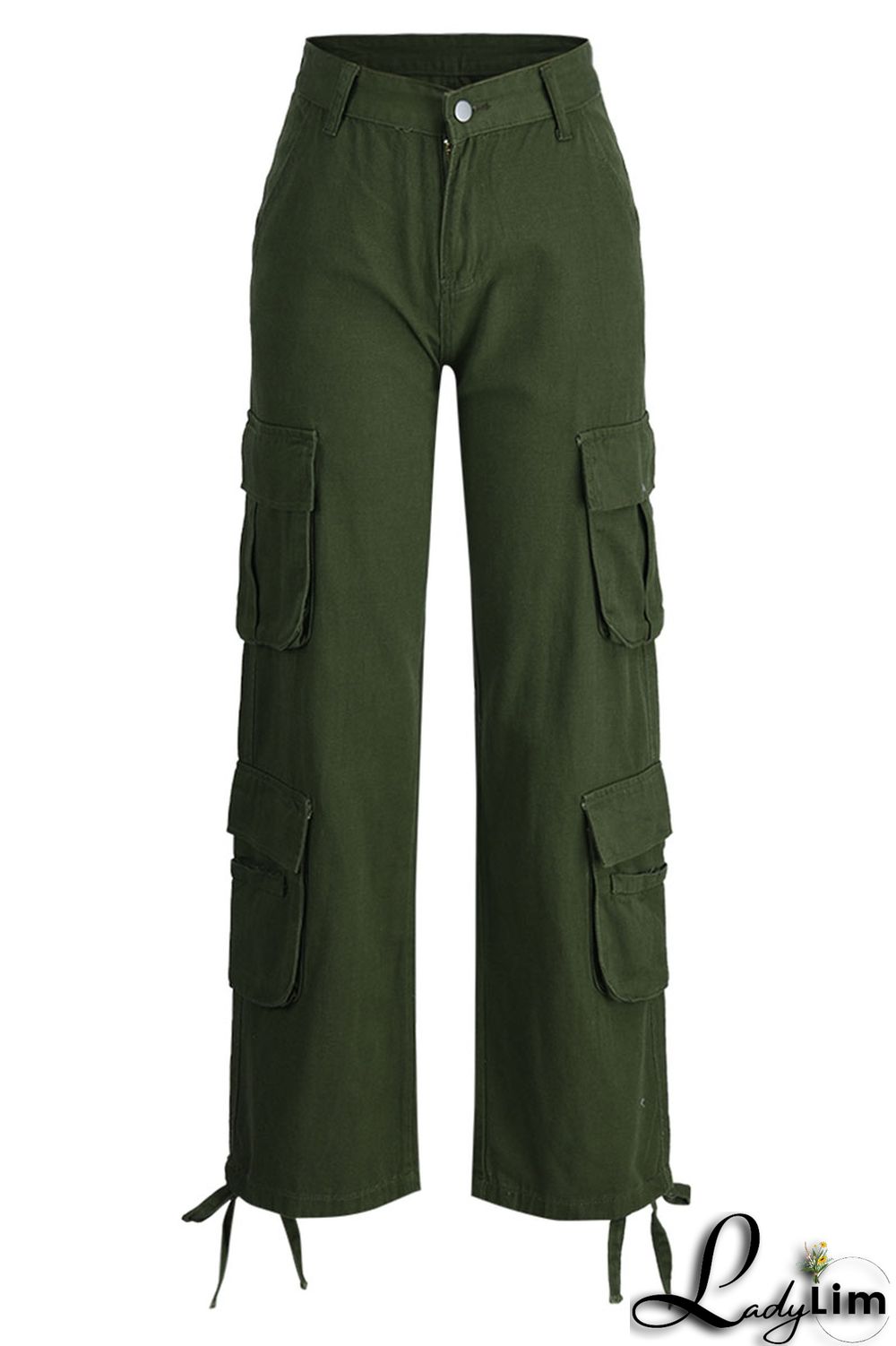 Green Street Solid Patchwork Pocket High Waist Straight Solid Color Bottoms