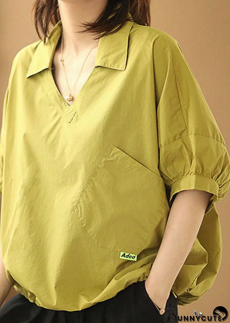 Women Yellow V Neck Patchwork Cotton Loose Shirt Tops Short Sleeve