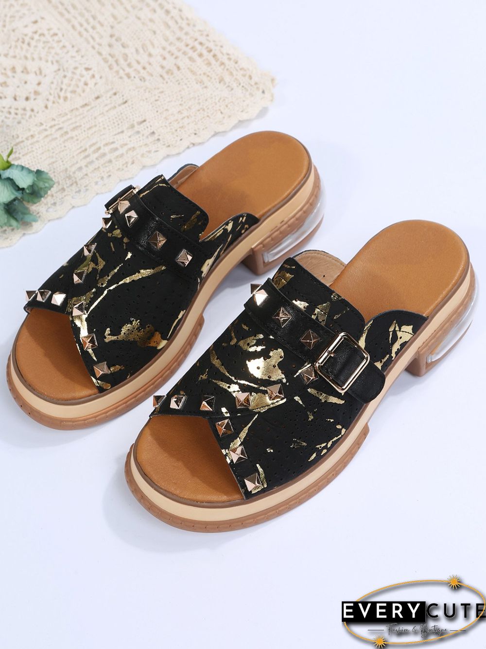 Urban Studded Snake Print Chunky Heel Slippers