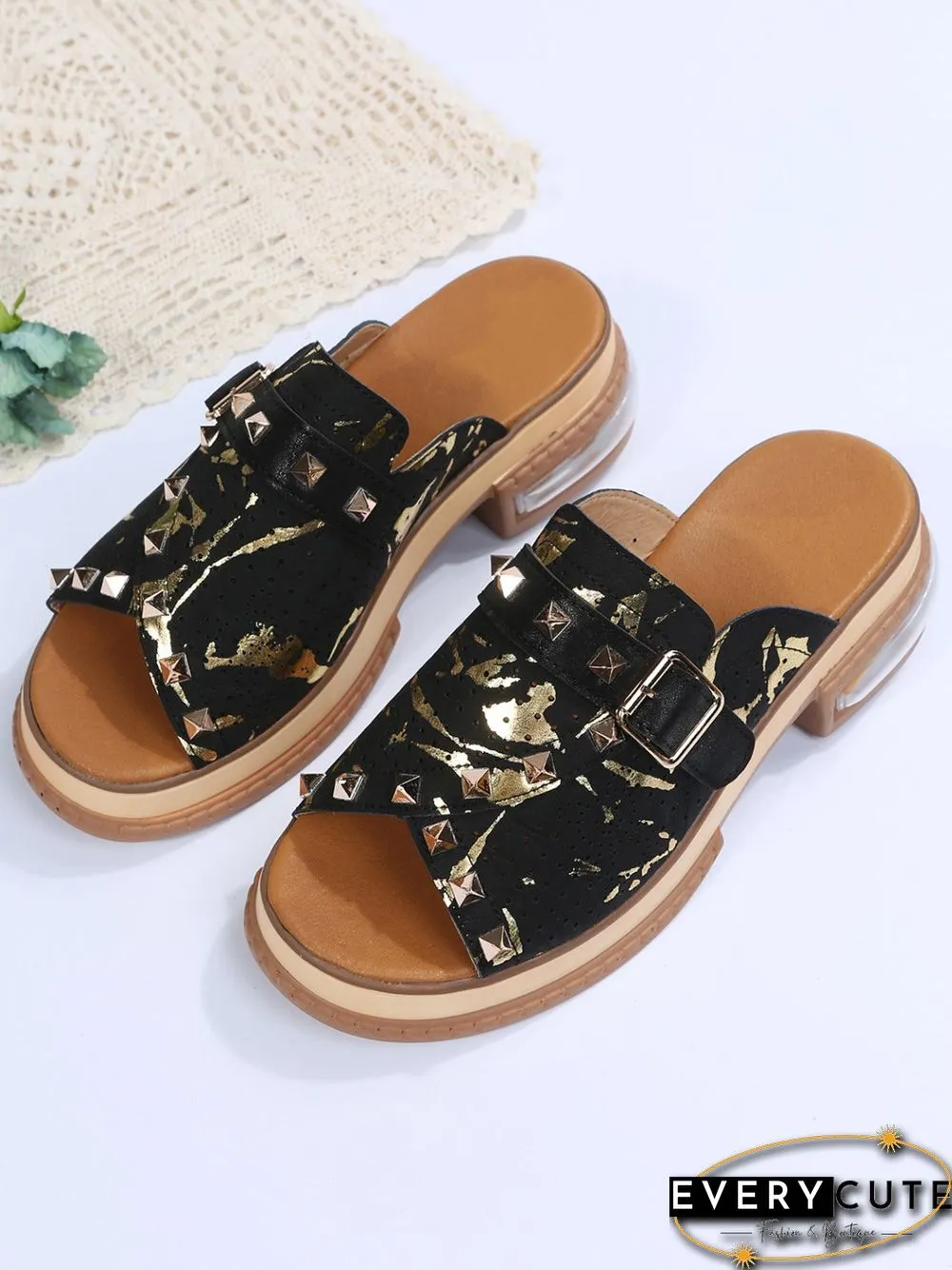 Urban Studded Snake Print Chunky Heel Slippers