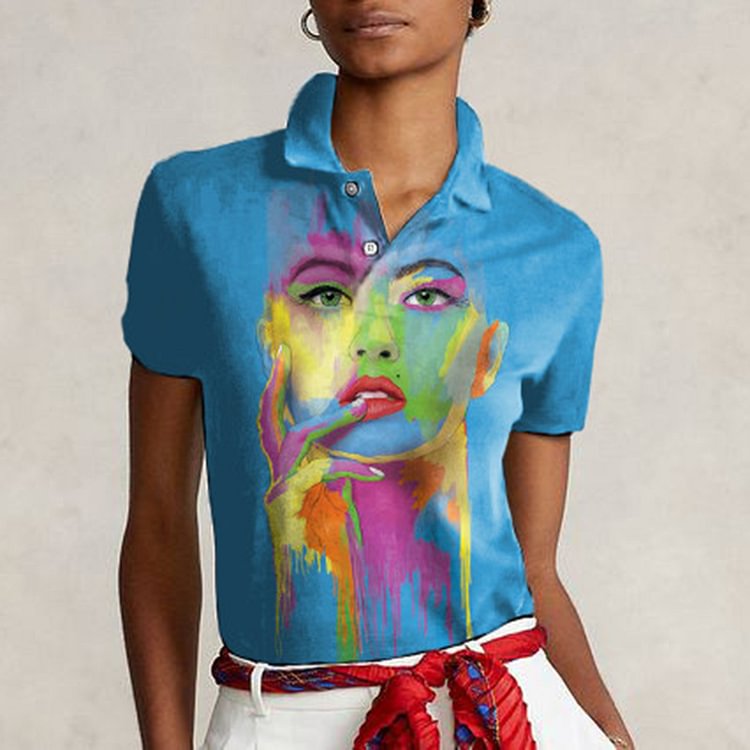 Multicolor Mädchen Ölgemälde Print POLO Hemd