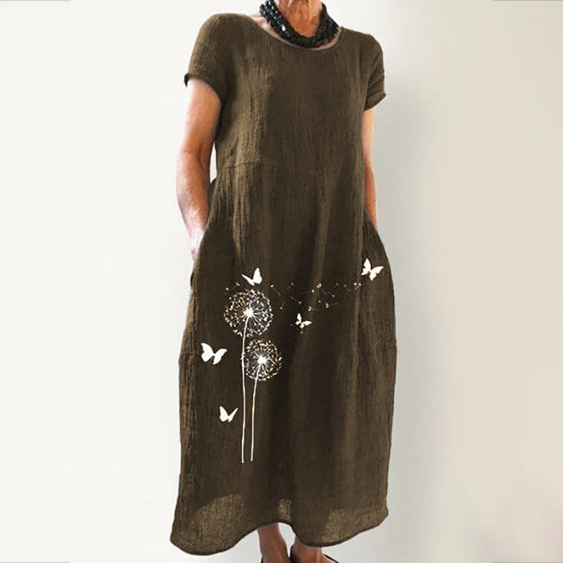 Casual Loose Dandelion Butterfly Print Linen Midi Dress wearshes