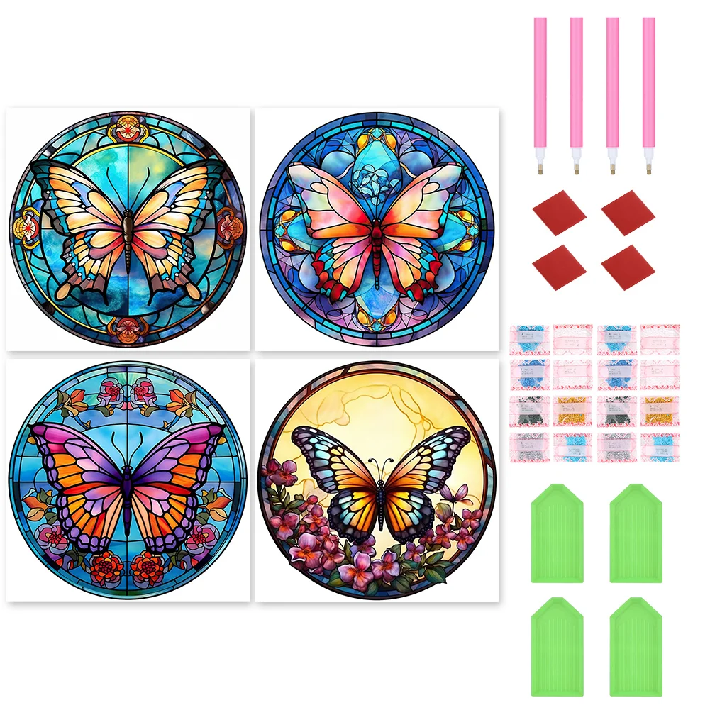 4pcs/Set Diamond Painting - Full Round Drill - Stained Glass Butterfly(Canvas|30*30cm)