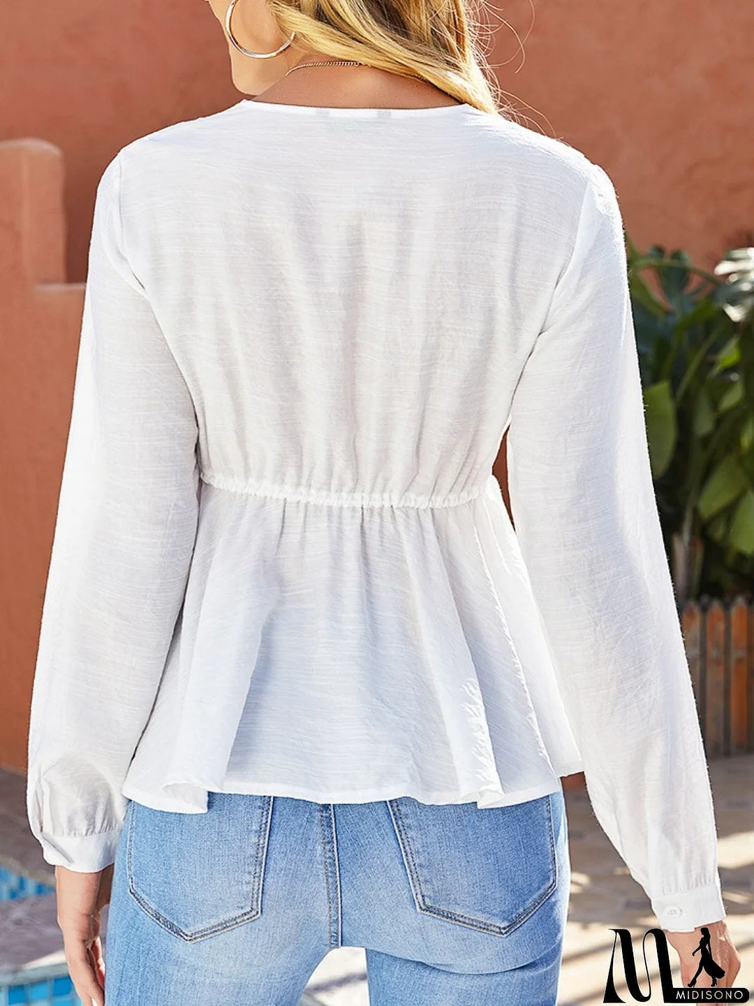 MidiSono - Spliced Lace Plunge Tie Front Blouse