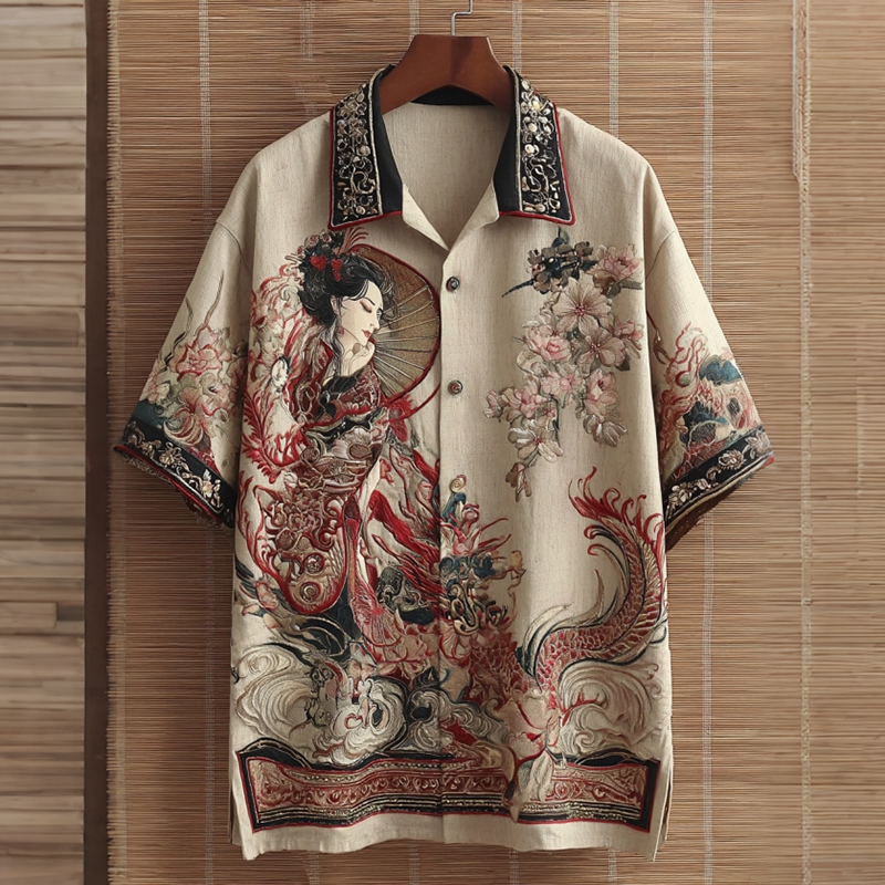 Comstylish Japanese Elegant Geisha Art Linen Turn-down Collar Shirt
