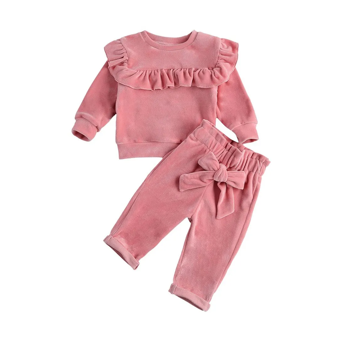 Toddler Baby Girls Smooth Velvet Flannel Outfit Sets Round Neck Ruffle Trim Top Elastic Waist Bowknot Pant Clothes Autumn Winter