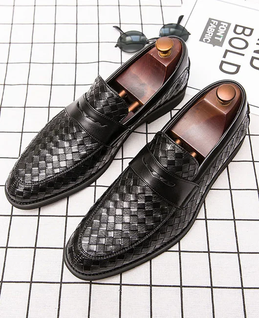 Business Casual Wedge Grid Woven Round Head Leather Shoes 