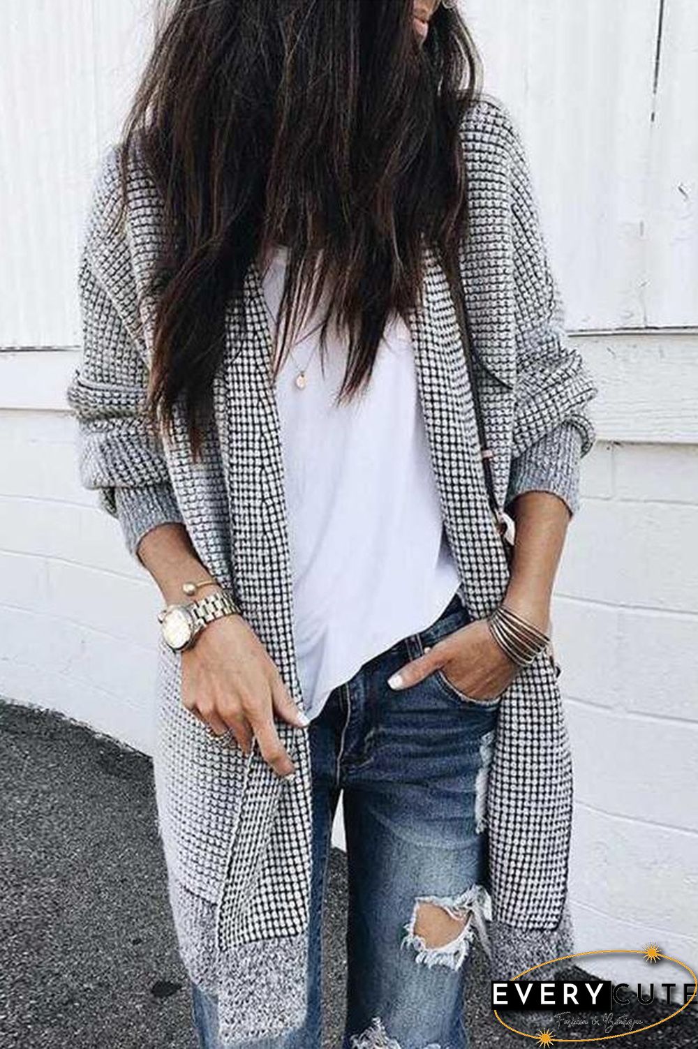 Plaid Long Sleeve Midi Coat P13927