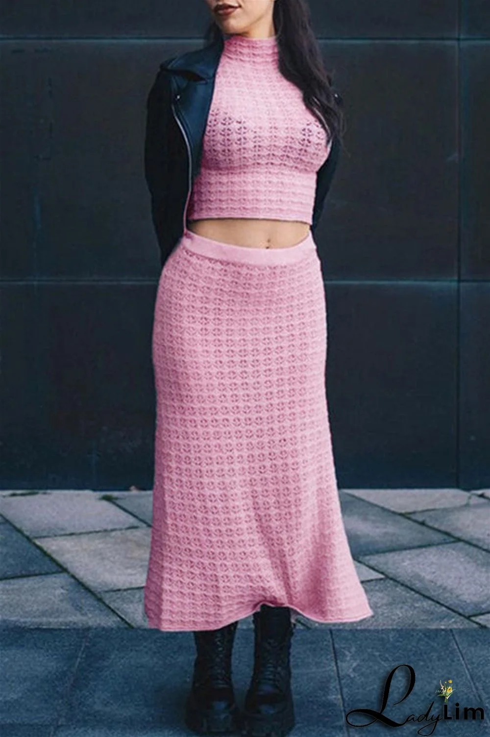 Pink Fashion Casual Solid Patchwork Slit Turtleneck Short Sleeve Two Pieces