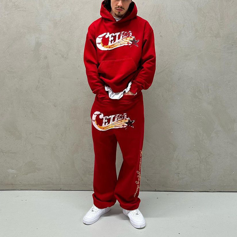 Old-Style Red Print Fleece Hoodie And Sweatpants Co-Ord
