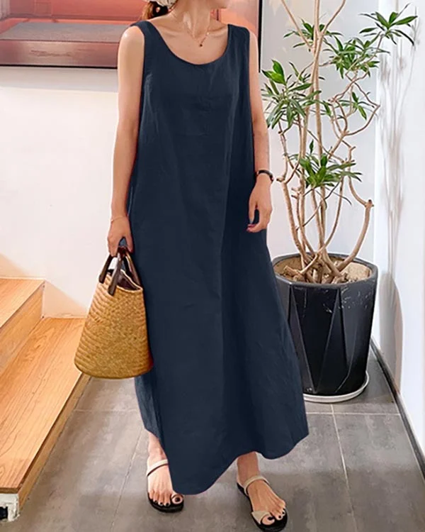 Linen Loose Crew Neck Sleeveless Dress