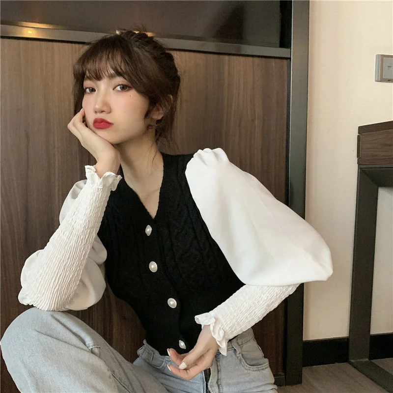 Korobov Puff Sleeve V Neck Women Sweaters 2023 New Autumn Winter Knitted Cropped Cardigans Korean Hit Color Patchwork Cardigan