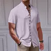 Camicia da uomo a maniche corte in cotone e lino con collo alto e bottoni