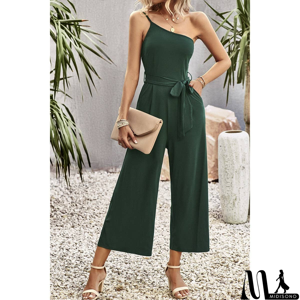 MidiSono - One Shoulder Belt Knot High Waist Jumpsuit