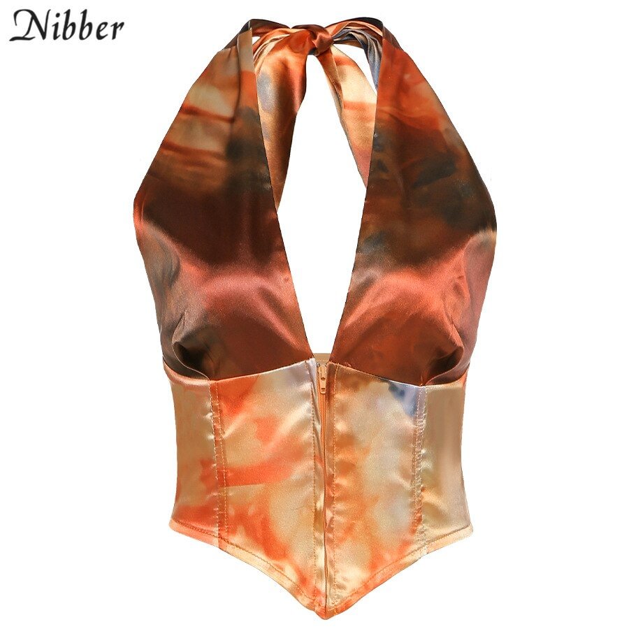 Nibber Color Printing Graphic Corset Womens Crop Tops Beach Vacation Camisole Club Party Bowknot Backless Sleeveless Tank Female
